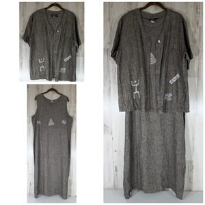 Positive Influence Dress 14 Gray Linen 2pc Maxi Dress Artsy Abstract Minimalist